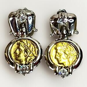 VTG Danecraft Gold and Silver Tone ROMAN COIN Clear Crystal Dangle Drop Earrings